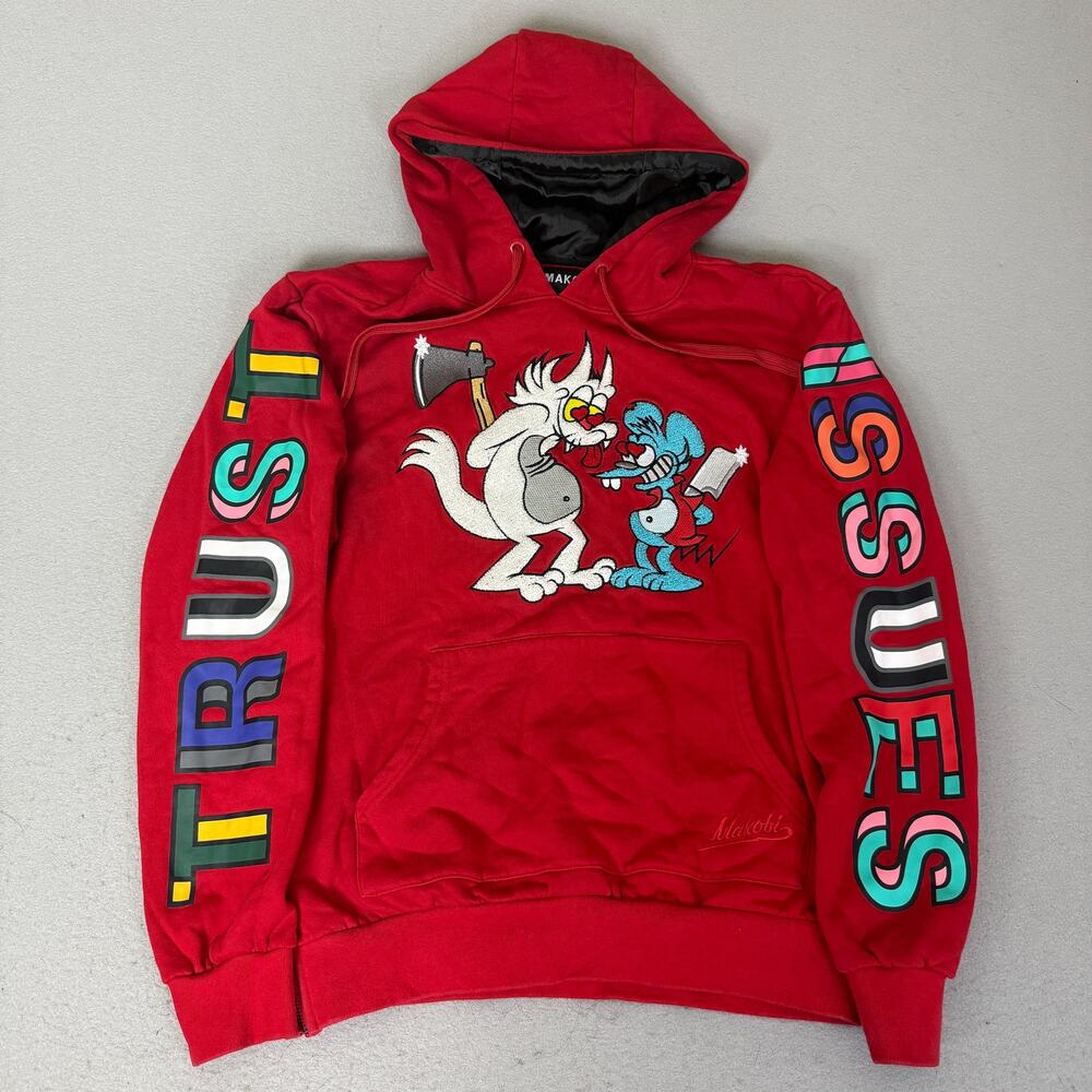 Makobi Trust Issues Hoodie Red M Itchy Scratchy Applique Satin Hood M5272